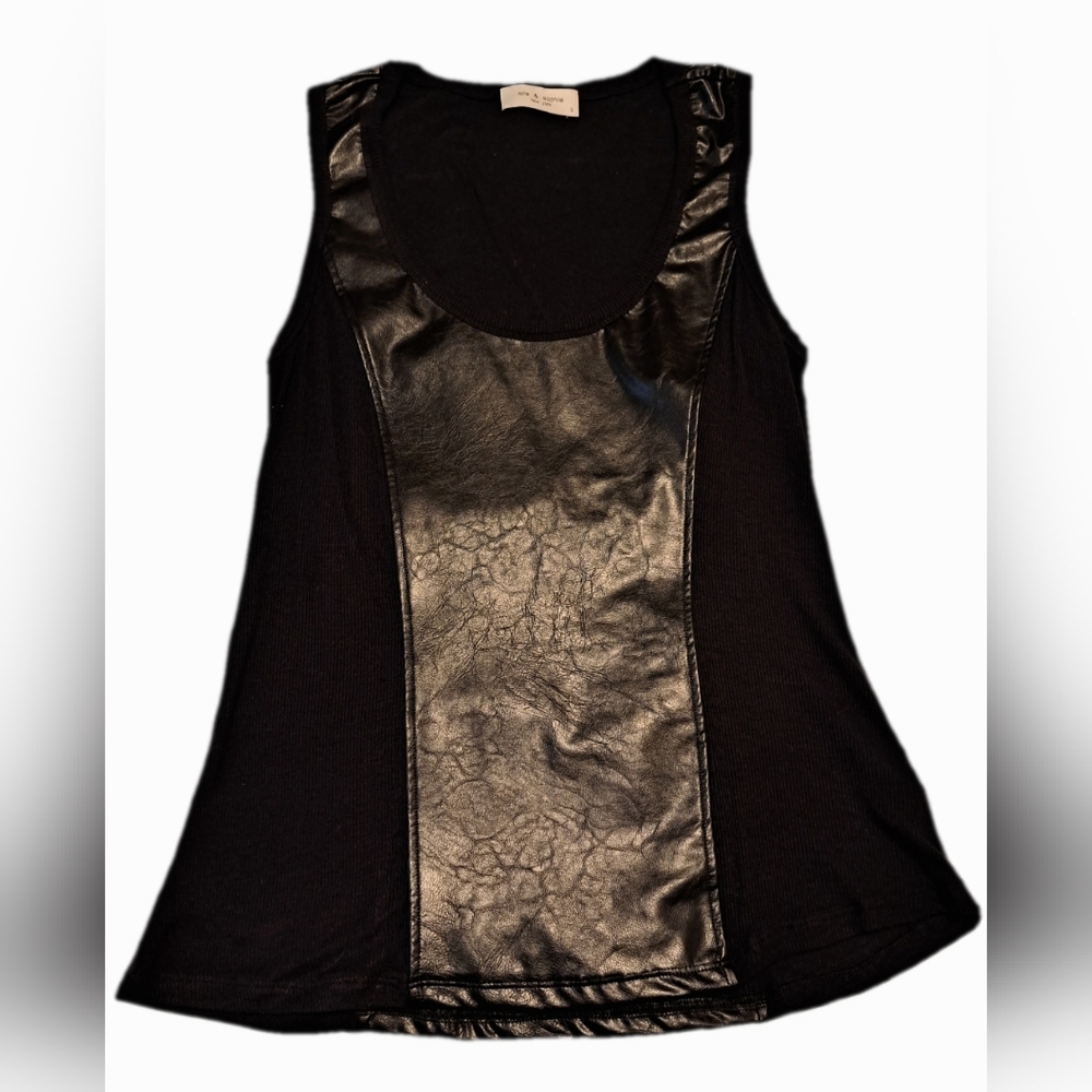 LOLA & SOPHIE NWOT! Black Faux Leather Tank Top w/ Ribbed Rayon Contrast Sz Sm